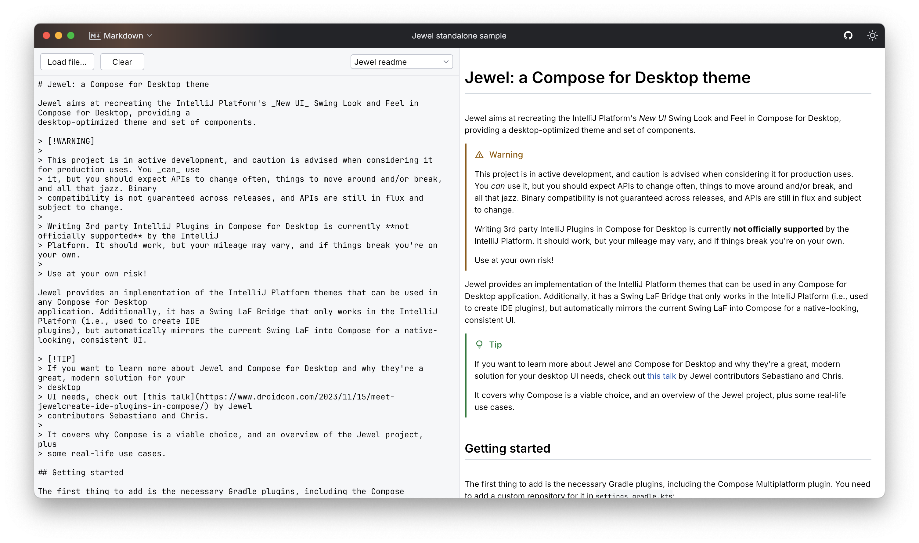 Image showing the Markdown renderer page from the Jewel standalone sample